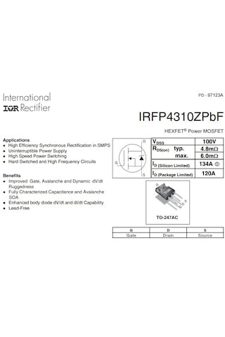 Irfp4310zpbf 100v, 134a, 4.8mohm Power Mosfet