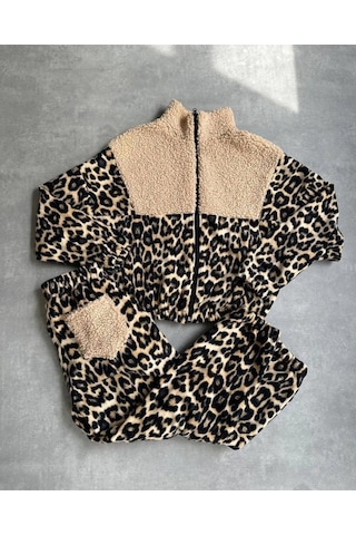 Sinemonline Kadın 3 Iplik Kumaş Leopar Desenli Ikili Takım Leopar