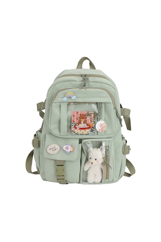 Moveevo Genç Kızlar İçin Şık Ve Büyük Kapasiteli Kore Tarzı Sırt Çantası - Yeşil Aksesuarlı Ve Rozetli Yeşil