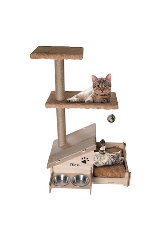 Çok Amaçlı Katlı Kedi Evi-isim Baskılı-ahşap Mdf-tırmalama Çubuklu-kahverengi-çelik Kase-2 350