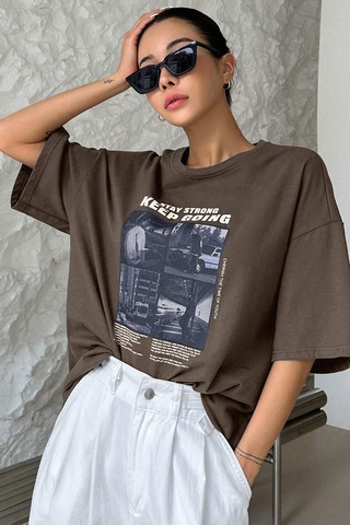 Unisex Keepgoing Baskılı Tasarım Tshirt Kahverengi