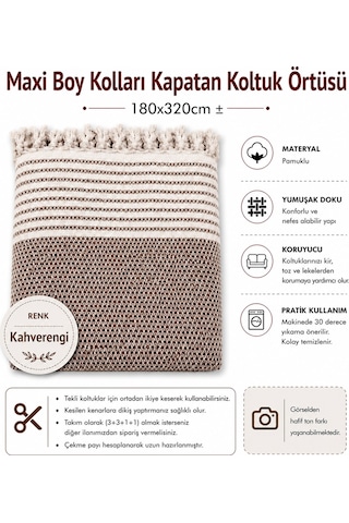 Pamuklu Kaymaz Hasır Dokuma Maxi Boy Kolları Örten Koltuk Örtüsü 180x310 - Kahverengi