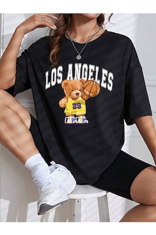 Los Angeles 23 Bear T-shirt - Siyah Baskılı Oversize Bisiklet Yaka Kısa Kol Tişört Siyah