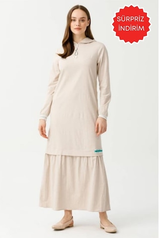 Pamuk Keten Kumaştan Rahat Kullanımlı Elbise Bej Bej