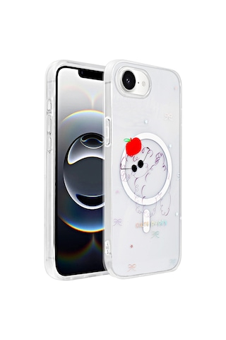 Thegencoo Apple Uyumlu iPhone 16e Kılıf M-safe Şarj Özellikli Şeffaf Zore Folk Sert Kapak - Sevimli Köpek Beyaz