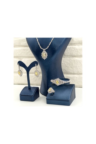 Pırlanta Montür Sitrin Taşlı 4'lü Gümüş Set Takım Gümüş