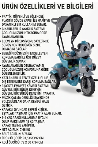 Babyhope Little Panda Ebeveyn Kontrollü Tenteli Müzikli 3 Teker Petrol Mavisi Çocuk Bisikleti