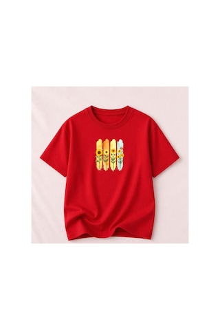 Herkesemoda Ayçiçek Demeti Baskılı Kadın Bisiklet Yaka Pamuklu T-shirt Kırmızı
