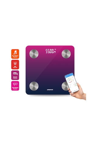 Polosmart Psc104 Pilli Bluetooth Vücut Analizli Yağ Kas Su Ölçer Hassas Akıllı Tartı Baskül Mor