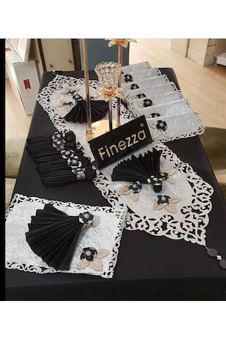 Afife Kadife Gümüş Siyah Sofra Takımı 8 Kişilik 160x230 Cm 34 Parça - 50 Çok Renkli
