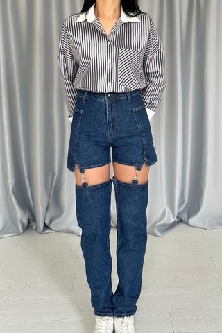 Alemdarshop Mavi Askılı İki Parça Jeans Pantolon