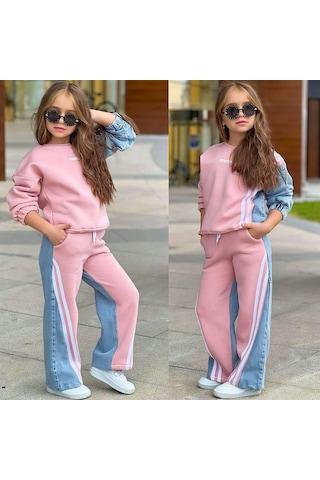 Kız Çocuk 3 İplik Şardonlu Kot Garnili Çizgi Detaylı Sweatshirt Ve Bol Paça Eşofman Takımı 1610-p Pembe Kız Çocuk 3 İplik Şardonlu Kot Garnili Çizgi Detaylı Sweatshirt Ve Bol Paça Eşofman Takımı 1610-p Pembe