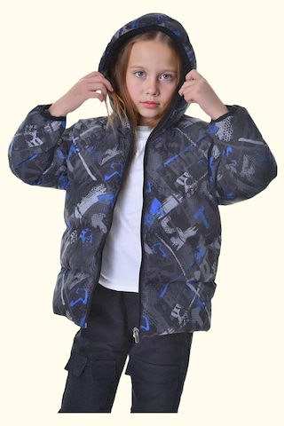 Kız Çocuk Dijital Desen Polar Su Ve Rüzgar Geçirmez Kapüşonlu Şişme Kışlık Mont Siyah