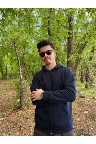 Erkek Oversize Kapüşonlu Tam Fermuarlı Kanguru Cepli Şardonlu Sweatshirt Lacivert