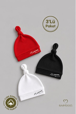 Babyden's Atatürk İmzalı Yenidoğan Bebek Şapka Seti 3 Lü Paket %100 Pamuklu Unisex Bebek Bere Takımı Beyaz - Kırmızı - Siyah