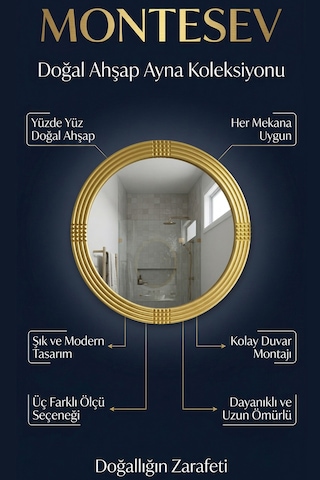 Safir Ahşap Gold Yuvarlak Ayna Işlemeli Duvar Banyo Aynası 43 Cm Gold