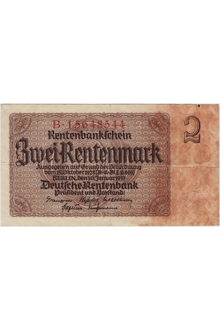 Almanya 2 Rentenmark 1937 Nazi Dönemi. Çok Temiz.