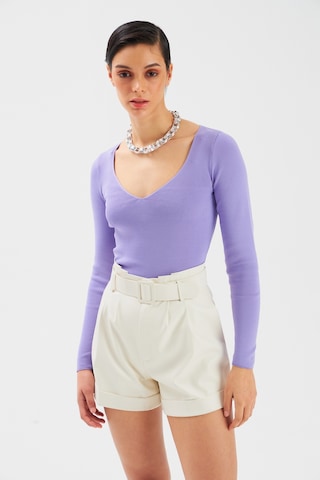 Sateen V Yaka Triko Crop - Lila-131507 Lila