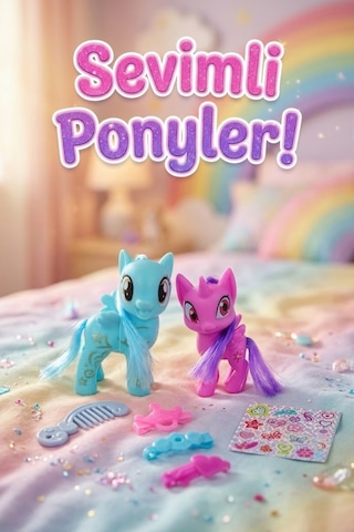 2'li Pony Oyuncak Seti - Unicorn & Pegasus Figürleri, Tarak, Toka Ve Çıkartma Aksesuarlı