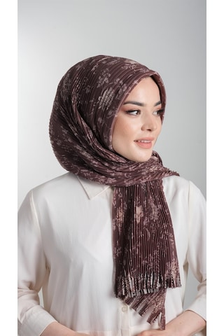 Kahverengi Pratik Hazır Geçmeli Tesettür Eşarp Kesik Elyaf Piliseli Çiçek Desenli 1818d6 14