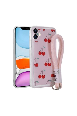 Apple Uyumlu iPhone 11 Kılıf Desenli El Askılı İpli Zore Astana Silikon Kapak Kiraz