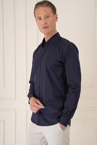 Efor Slim Fit Düğmeli Yaka Dokulu %100 Pamuk Klasik Lacivert Gömlek Gk 726 Lacivert