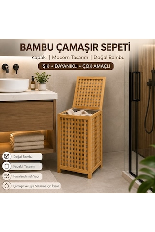Doğal Bambu Çamaşır Sepeti Kapaklı Kirli Çamaşır Saklama Sepeti Banyo Organizeri