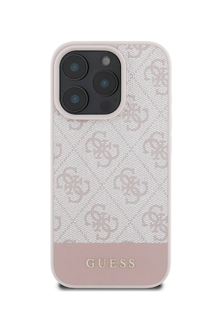 Apple Uyumlu iPhone 16 Pro Kılıf Guess Lisanslı Pu Deri Şerit Logo Dizaynlı Kapak Pembe