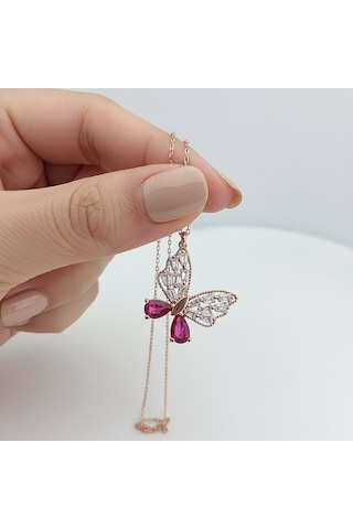 925 Ayar Gümüş Fuşya Damla Ve Baget Taşlı Kelebek Kolye Rose Gold