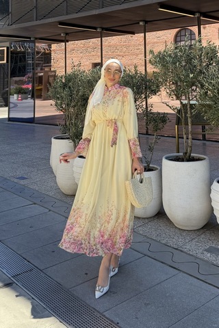 Riella Butik Çiçek Desenli Tesettür Elbise Sarı