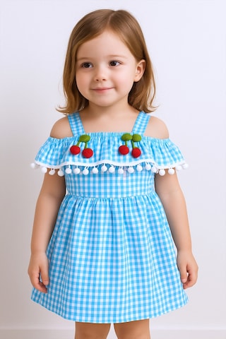 Kız Çocuk Askılı Elbise Dantelli Ekose Desenli B14 Turuncu