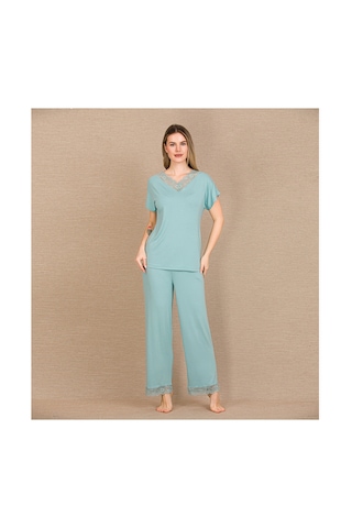 Aria's Closet Arias Closet Viskon Şık Tasarım Dantel İşlemeli Mint Yeşil Kısa Kol Pijama Takımı Nane Mint