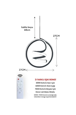 Renkoled Aydınlatma Kumandalı 3 Renk Modern Sarkıt Led Avize Siyah Kasa Siyah - Beyaz Işık