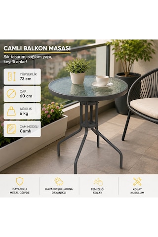 Yuvarlak Bahçe Balkon Masası 60 Cm Çap Buzlu Tamperli Cam