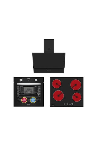 Simfer 9 Fonksiyon QS Siyah Dijital Power Turbo Elektrikli 3'lü Ankastre Set (Fırın + Elektrikli Ocak + Davlumbaz)