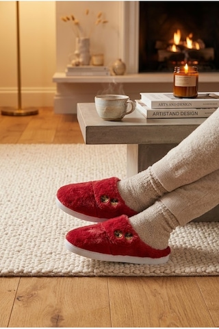 Relaxa Kadın Peluş Ev Terliği, Yumuşak Kürklü,yumuşak Tabanlı, Sıcak Kışlık Terlik Kırmızı