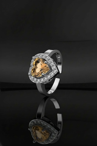 925 Ayar Sitrin Taşlı Rodyum Pırlanta Işıltılı Kalp Ayarlanabilir Gümüş Yüzük Gümüş