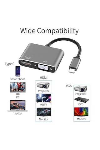 Usb Type-c To Hdmi + Vga Görüntü Çevirici Dönüştürücü 4k Destekli