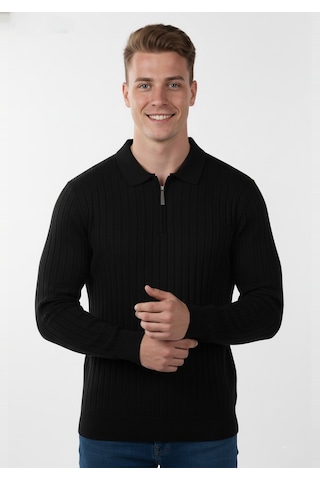 Deepsea Erkek Siyah Slim Fit Polo Yaka Triko Kazak - Yumuşak Dokulu Esnek Ve Şık Görünüm 2605305 Siyah