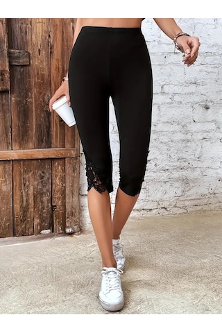 Ahes Shopping Kadın Yüksek Bel Dantelli Dalgıç Tayt SiYAH