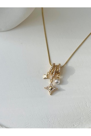İnci Detay Charm Çelik Kolye Altın