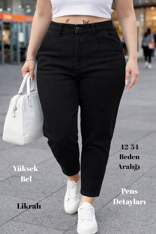 Cedy Denim Mom Fit Jean Büyük Beden Yüksek Bel Carrot Kesim Dar Paça Pileli Esnek Kot Pantolon C600 Siyah-600