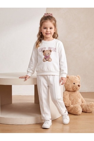 Zekids Kız Çocuk Beyaz Ayıcık Baskılı Bisiklet Yaka Eşofman Takımı-17433