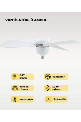 5 Kanatlı Vantilatör Led Ampul 3 Renk - Kumandalı 1 Adet