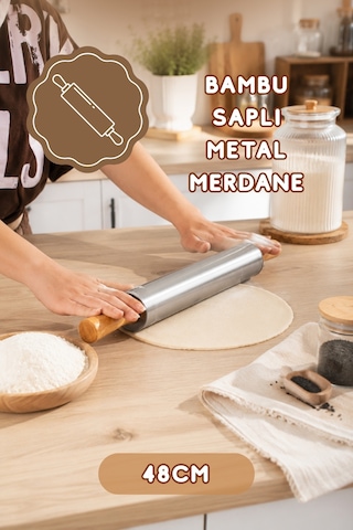 Porsima Mnb05774 Ahşap Saplı Paslanmaz Çelik Merdana Oklava Hamur Pizza Börek Açma Oklava 48cm