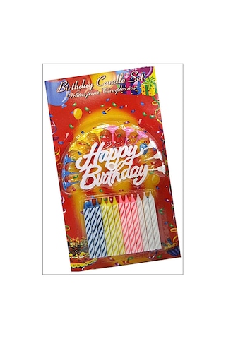 Rengarenk Mumlu Beyaz Happy Birthday Yazılı Doğum Günü Mumu 12 Adet - Pasta Mumu - Pakette 12 Adet