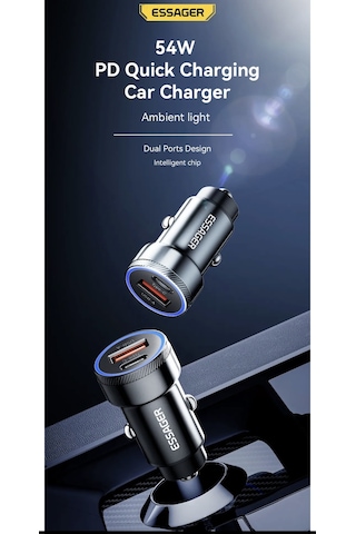 Essager 54w Hızlı Pd Araç Şarjı Type-c Ve Usb Çift Girişli Hızlı
