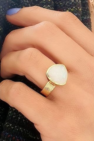 Doğal Ay Taşı 925Ayar Gümüş Üzerine Altın Kaplama Tasarım Yüzük 18
