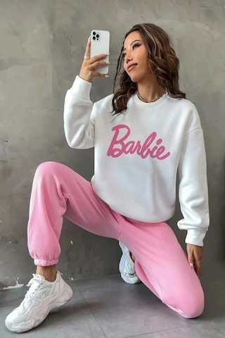 Modagen 3 Iplik Barbie Baskılı Oversize Bisiklet Yaka Sweatshirt Beyaz