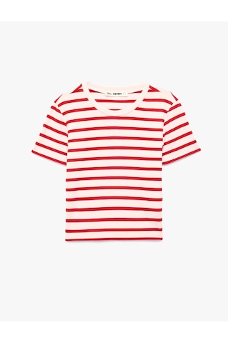 Koton Slim Fit Viskon Karışımlı Kısa Kollu Bisiklet Yaka Çizgili Tişört Kırmızı Çizgili 6sal10784ık